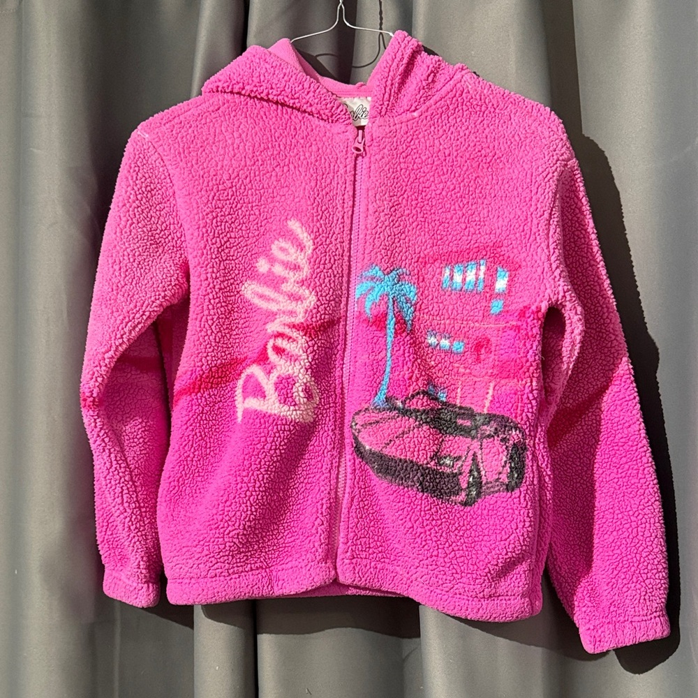 Barbie Hot Pink Sherpa Hoodie with Car & Palm Graphic size 10/12